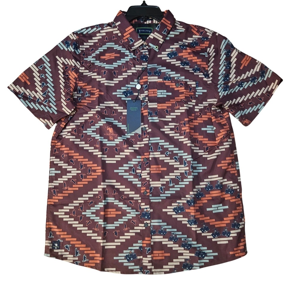 William Murray Golf Button Down Shirt Ducks Golf Cart Print Short Sleeve Men's L